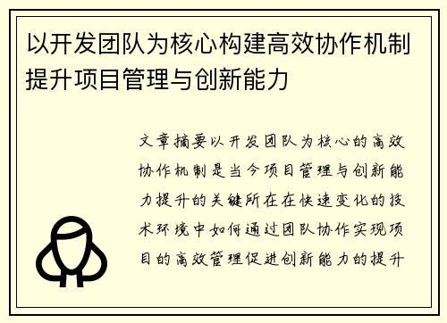 以开发团队为核心构建高效协作机制提升项目管理与创新能力